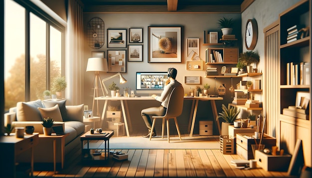 a man sits at a computer desk in a room with a picture of a man on the computer