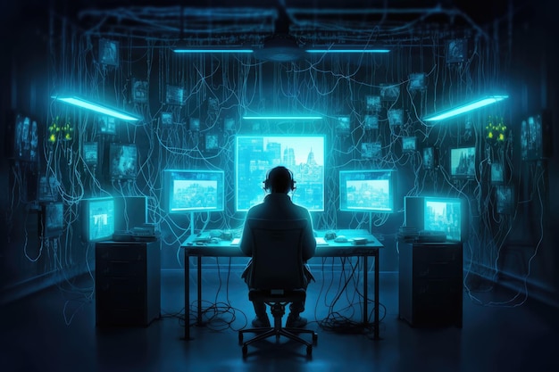 A man sits at a computer in front of a wall with many monitors.