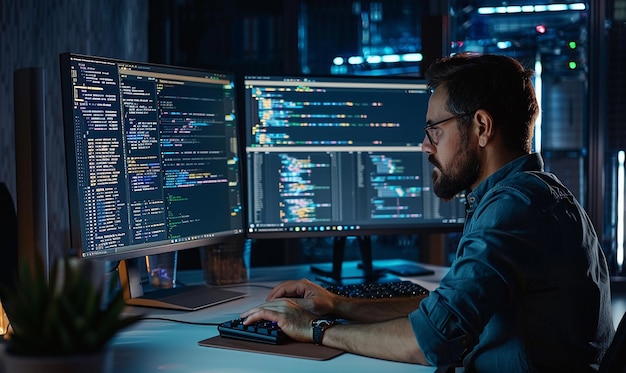 a man sits at a computer side view with a monitor showing the code