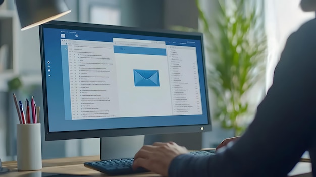 a man sits at a computer with a blue envelope on the screen