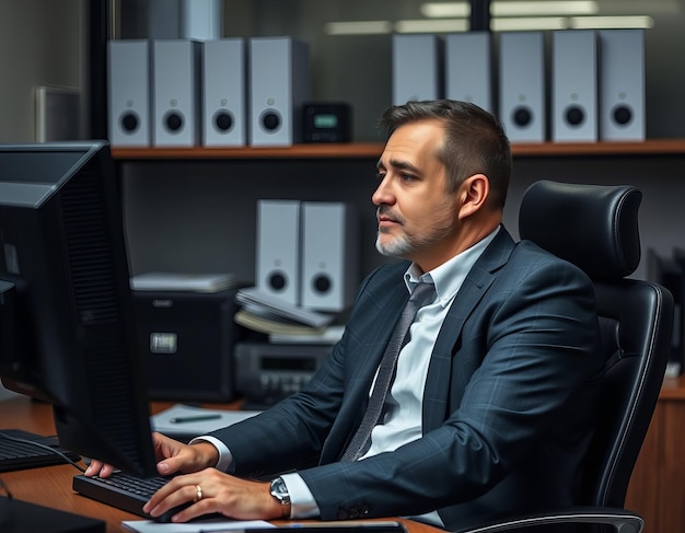 a man sits at a computer with a computer monitor behind him