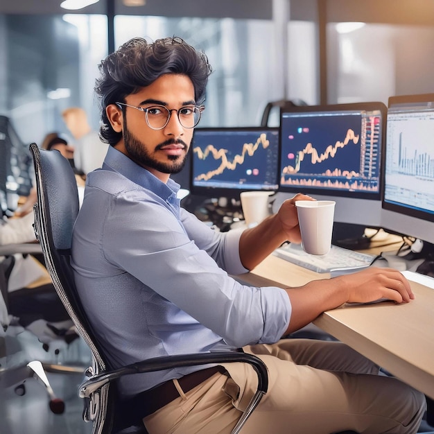 a man sits at a computer with a graph graph on the top of it