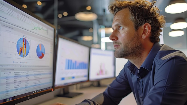 Photo a man sits at a computer with a graph on the screen