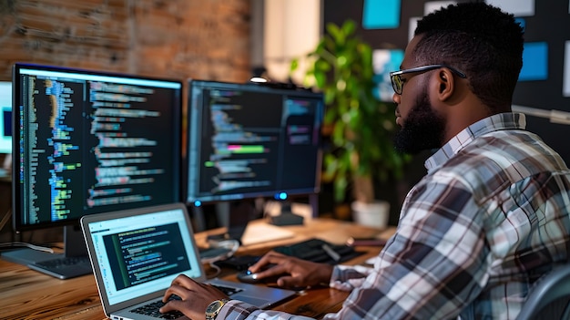 a man sits at a computer with the letters code on the screen