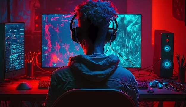 A man sits at a computer with a red light behind him.