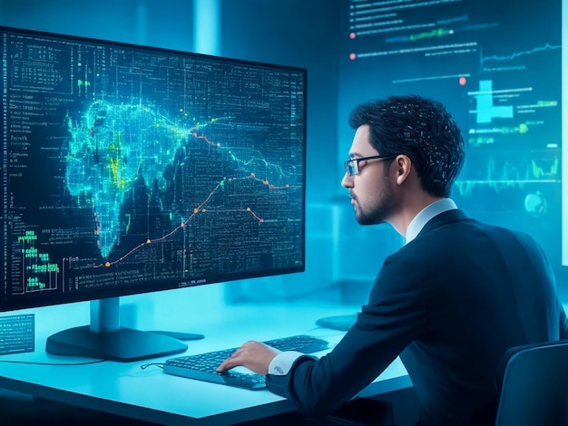 A man sits at a computer with the world map on the screen.