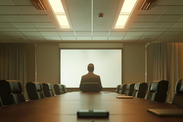 Photo a man sits in a conference room with a screen behind him