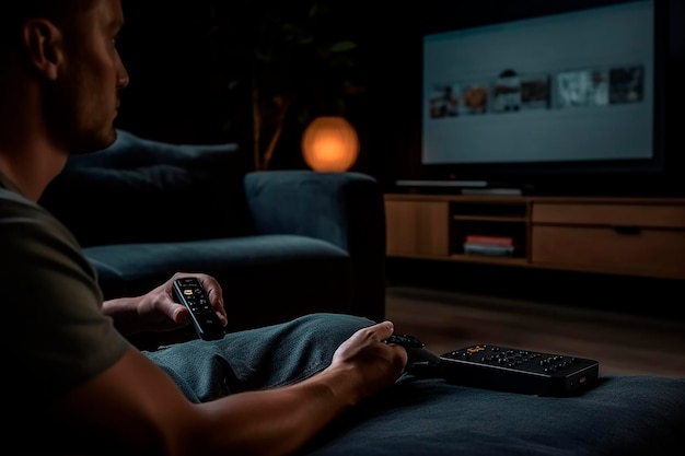 A man sits on a couch in front of a tv that says'home screen'on it