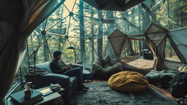 Photo a man sits on a couch inside of a geodesic dome tent in the woods