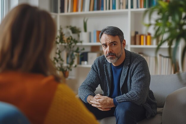 Photo a man sits on a couch and talks to another man