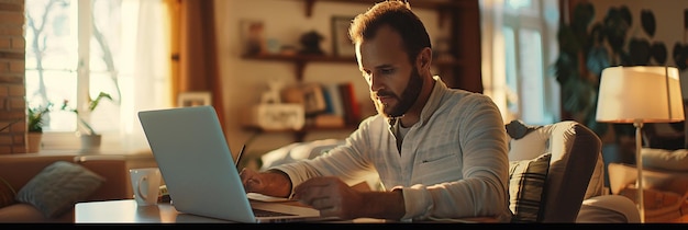 a man sits on a couch and uses a laptop