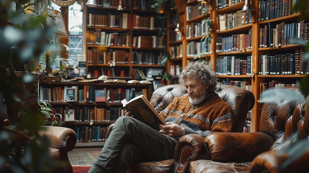 Photo a man sits on a couch with a book in his lap