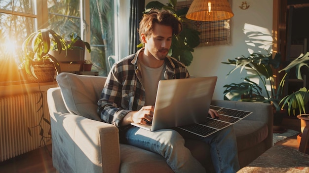 Photo a man sits on a couch with a laptop and the word  on it