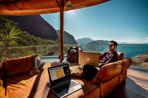 Photo a man sits on a couch with two laptops on his lap