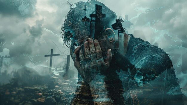 A man sits covering his face with his hands Double exposure Man and crosses Theme of war death loss