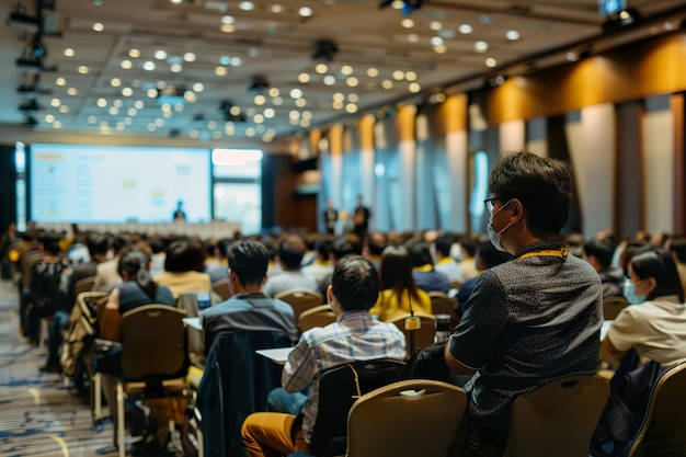 A man sits in a crowded room with a projector screen in front of him