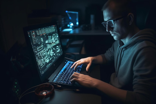 A man sits at a dark desk in front of a computer screen that says cyber security.