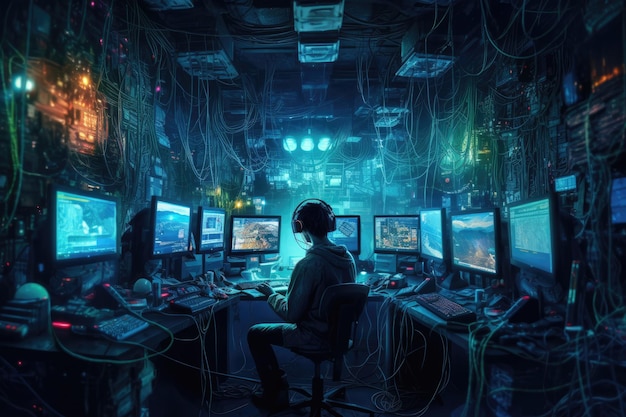 A man sits in a dark room with a computer monitor and a game of cyberpunk.