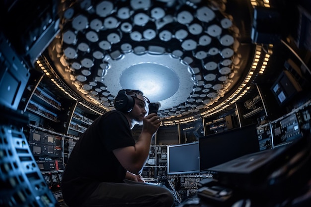 A man sits in a dark room with a large dome above him and a microphone on his head.