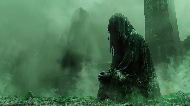 a man sits in the dark with a green background with a spooky figure in the middle