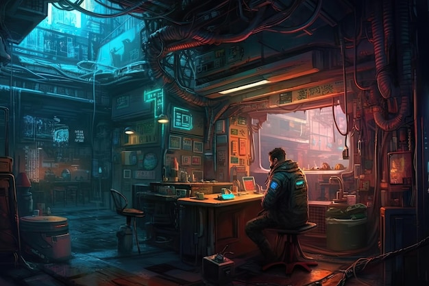 A man sits at a desk in a cyberpunk style.