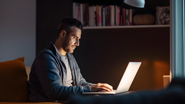 A man sits at a desk in a dark room, working on his laptop.