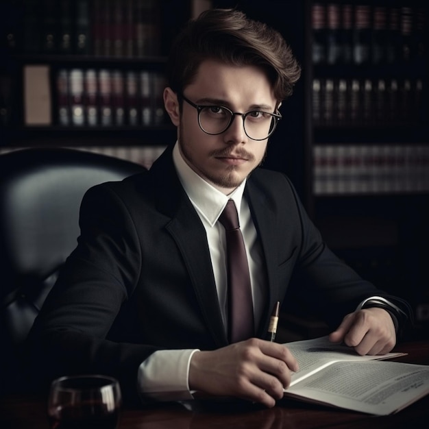 A man sits at a desk in front of a book titled law enforcement.