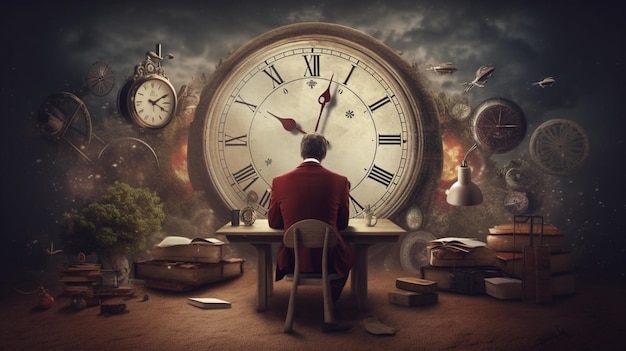 A man sits at a desk in front of a clock with the time as 4 : 30.