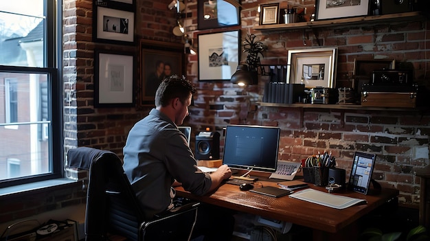 a man sits at a desk in front of a computer monitor