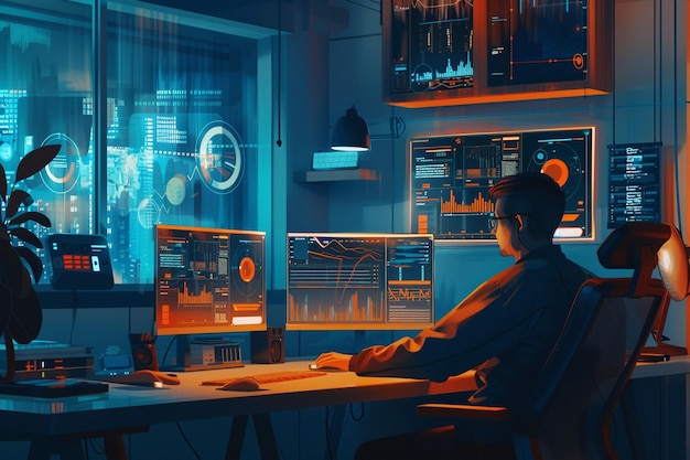 a man sits at a desk in front of a computer monitor