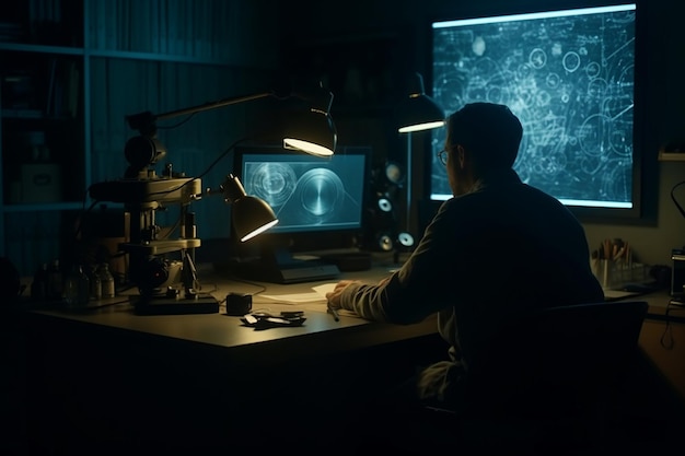 A man sits at a desk in front of a computer screen that says'brain '