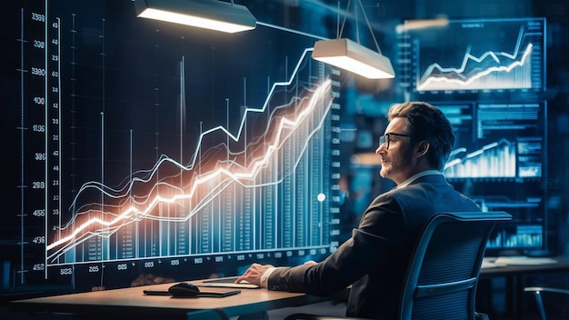 a man sits at a desk in front of a computer with a graph graph behind him