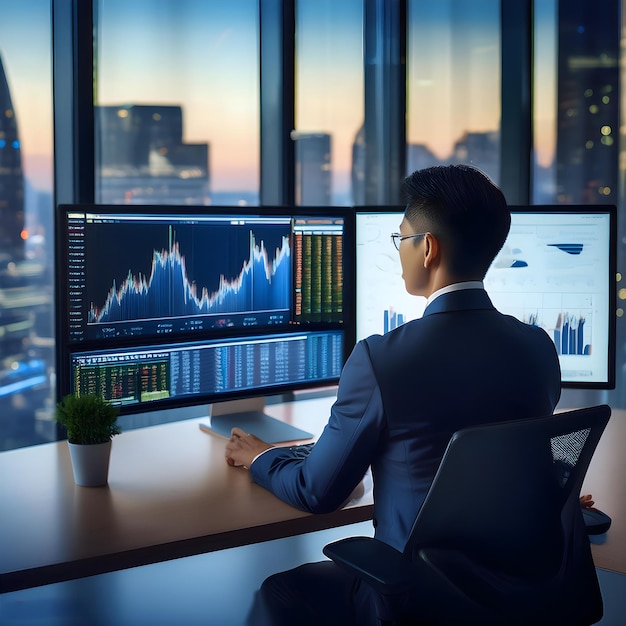 a man sits at a desk in front of a computer with a graph showing the financial graphs