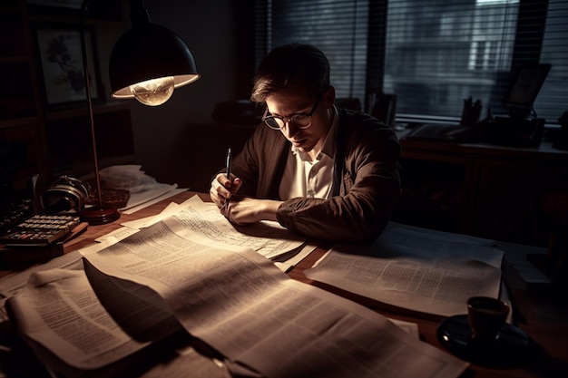 A man sits at a desk in front of a lamp reading a document.