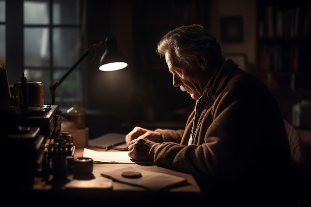 A man sits at a desk in front of a lamp that reads'the man is writing '