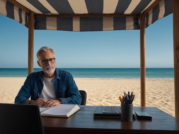 Photo a man sits at a desk in front of a laptop computer