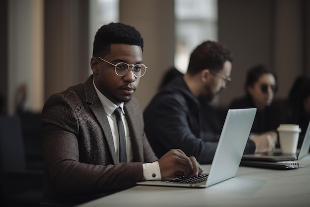 A man sits at a desk in front of a laptop.