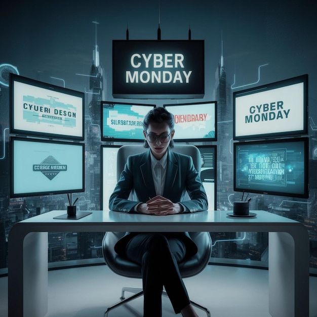 a man sits at a desk in front of a monitor that says cyber monday