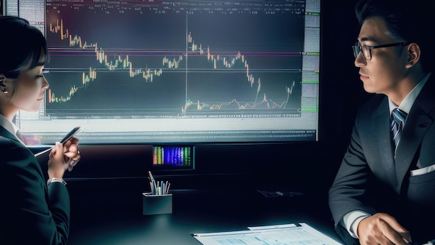 A man sits at a desk in front of a monitor that says'a stock market '