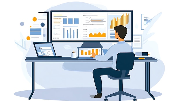 Photo a man sits at a desk in front of a monitor with a graph showing a man working on it