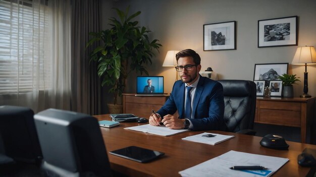 a man sits at a desk in front of a monitor with a pen in his hand