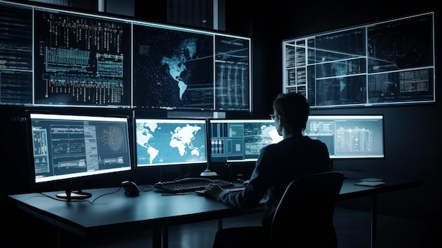 A man sits at a desk in front of multiple computer screens with the words global security on the screen AI