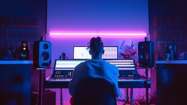 A man sits at a desk in front of a neon light that says'music is the best '