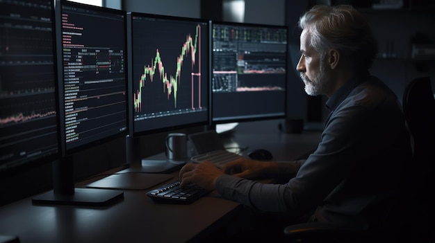 A man sits at a desk in front of two computer monitors, with a stock chart on the left.