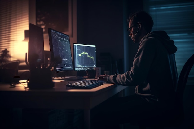 A man sits at a desk in front of two computer screens, with a stock chart on the screen.