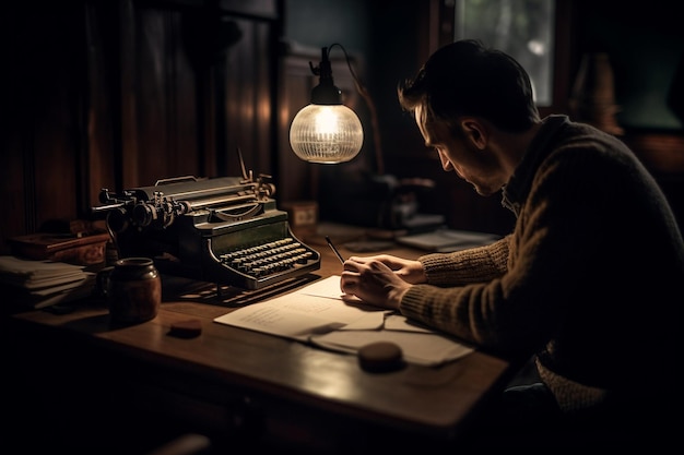 A man sits at a desk in front of a typewriter that says'the word'on it '