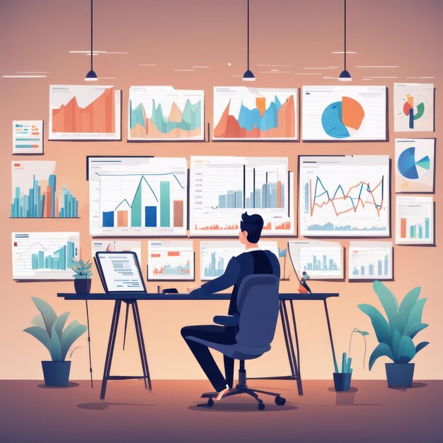 a man sits at a desk in front of a wall of graphs and charts