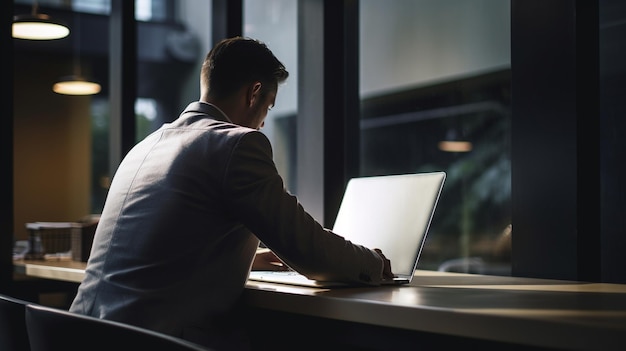 A man sits at a desk in front of a window using a laptop back view