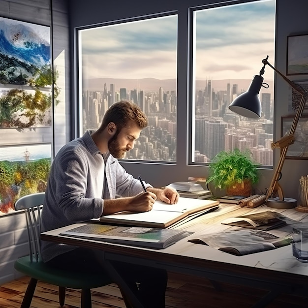 a man sits at a desk in front of a window with a view of the city