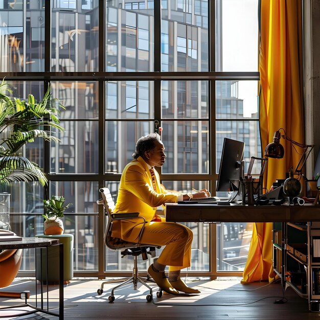 Photo a man sits at a desk in front of a window with the word  w  on it